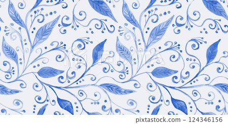 Watercolor style abstract monochrome blue botanical seamless pattern 124346156