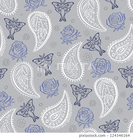 Seamless pattern with hand drawn inky Paisley, roses and luna moths on beige background 124346164