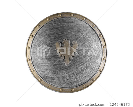 Old decorated metal round shield with eagle isolated on white background with clipping path 124346173