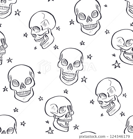 Seamless pattern with monochrome black and white hand drawn inky skulls with stars 124346179