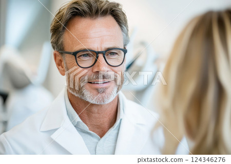 Smiling male dentist wearing glasses and a white coat in a modern clinic. Smiling male dentist wearing glasses and a white coat in a modern clinic. 124346276