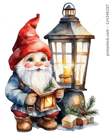 Cute Christmas gnome with lantern, pole, tree. Watercolor vector 124346287
