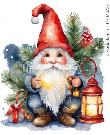 Cute Christmas gnome with lantern, pole, tree. Watercolor vector 124346288
