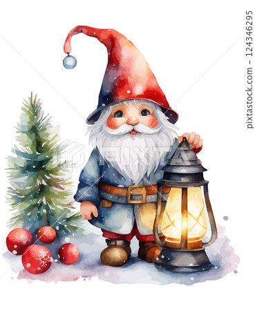 Cute Christmas gnome with lantern, pole, tree. Watercolor vector 124346295