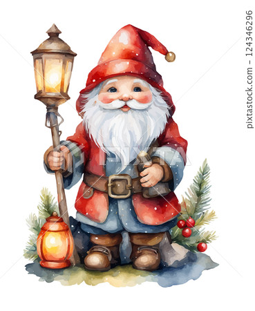 Cute Christmas gnome with lantern, pole, tree. Watercolor vector Cute Christmas gnome with lantern, pole, tree. Watercolor vector 124346296