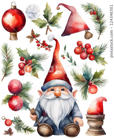 Cute Christmas gnome with lantern, pole, tree. Watercolor vector 124346301
