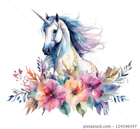 Unicorn in wreath of flowers. Watercolor illustration. 124346347