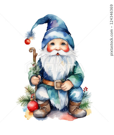 Cute Christmas gnome with lantern, pole, tree. Watercolor vector 124346369