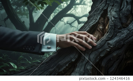 Hand Touching a Gnarled Tree in a Mystical Forest 124346416