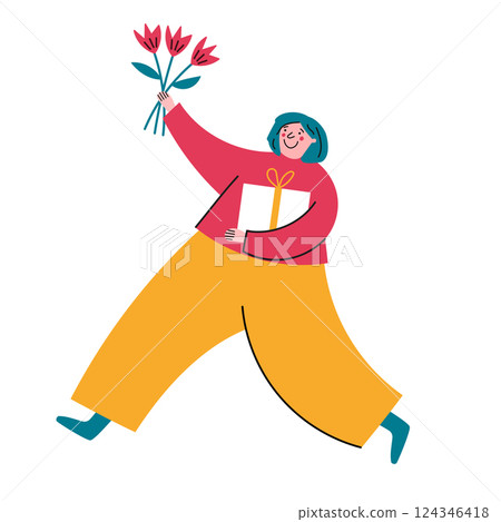 Joyful Woman with Flowers and Gift 124346418