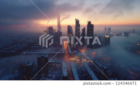 city in fog 124346471