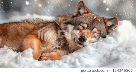 Sleeping Wolf in Snow 124346503