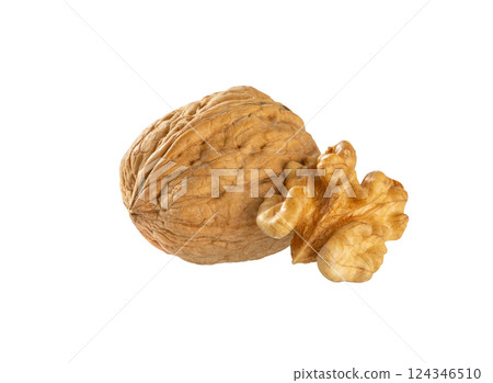 Walnut and  walnuts kernel on white,  with clipping path. 124346510