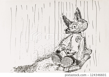 Hand-drawn toy fox sitting against wooden wall in sketchy ink style with long shadows. Concept of nostalgia, childhood and soft loneliness Hand-drawn toy fox sitting against wooden wall in sketchy ink style with long shadows. Concept of nostalgia, childhood and soft loneliness 124346601