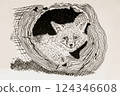 Hand-drawn fox curled in tree hollow surrounded by wood texture and ink lines. Concept of wildlife, forest animal and cozy natural shelter 124346608