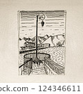 Hand-drawn promenade with street lamp, curved railing and mountains in background, ink sketch style. Concept of urban landscape, travel and calm scenery 124346611