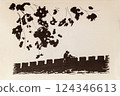 Ink illustration of couple sitting on stone wall beneath overhanging leaves in romantic embrace. Concept of affection, city nature and peaceful love moment 124346613