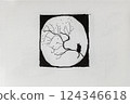 Hand drawn ink illustration of cat silhouette sitting on tree branch against full moon in night scene. Conceptual minimal graphic representing solitude and mystery 124346618