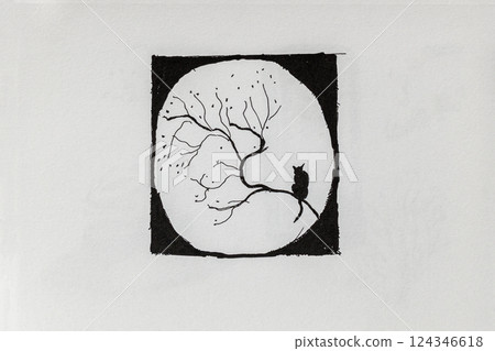 Hand drawn ink illustration of cat silhouette sitting on tree branch against full moon in night scene. Conceptual minimal graphic representing solitude and mystery Hand drawn ink illustration of cat silhouette sitting on tree branch against full moon in night scene. Conceptual minimal graphic representing solitude and mystery 124346618