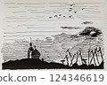 Church domes on hill near port, sunset above sea with flying birds in ink style. Concept of spirituality, calm evening, religious silhouette 124346619