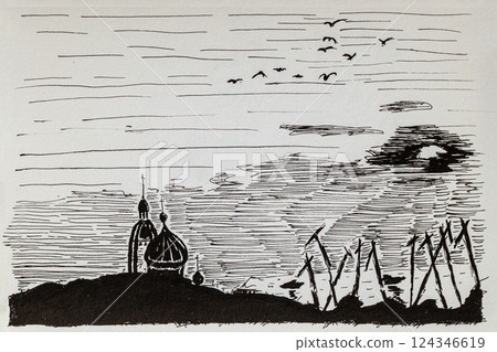Church domes on hill near port, sunset above sea with flying birds in ink style. Concept of spirituality, calm evening, religious silhouette Church domes on hill near port, sunset above sea with flying birds in ink style. Concept of spirituality, calm evening, religious silhouette 124346619
