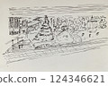 Hand-drawn ink sketch of city park with path, pine tree, stairs and gazebo in line art style. Concept of landscape planning, outdoor space and urban nature 124346621