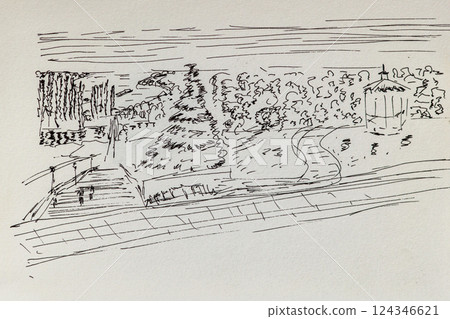 Hand-drawn ink sketch of city park with path, pine tree, stairs and gazebo in line art style. Concept of landscape planning, outdoor space and urban nature Hand-drawn ink sketch of city park with path, pine tree, stairs and gazebo in line art style. Concept of landscape planning, outdoor space and urban nature 124346621
