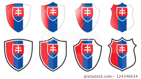 Vertical Slovak flag in shield shape, four 3d and simple versions. Slovakia icon / sign 124346634