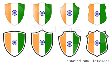 Vertical India flag in shield shape, four 3d and simple versions. Indian icon / sign 124346635