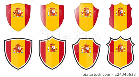 Vertical Spain flag in shield shape, four 3d and simple versions. Spanish icon / sign 124346638