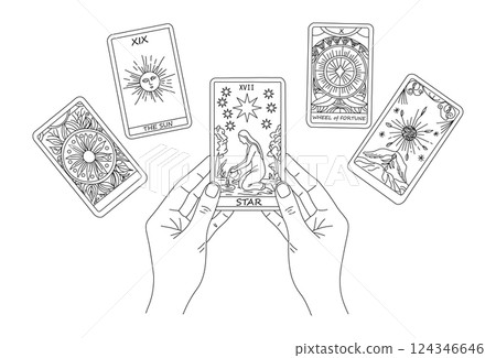 Simple line drawing illustration of tarot cards, fortune telling with star card in hand Simple line drawing illustration of tarot cards, fortune telling with star card in hand 124346646