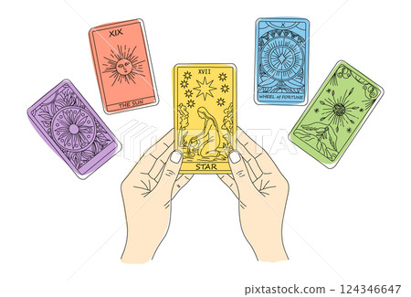 塔羅牌算命的簡單彩色插圖，手拿星牌 124346647