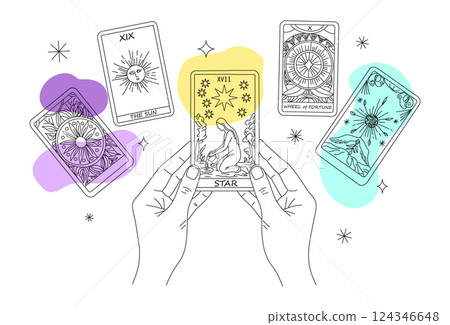 塔羅牌算命的時尚插圖，手拿星牌 124346648