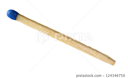 Single match with blue head, closeup detail photo isolated on white background 124346758