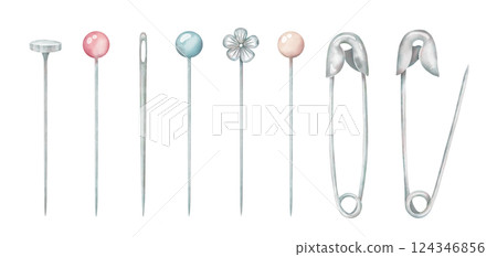 Sewing pins and needles collection. Hand drawn tailor accessories set in watercolor style. Needlework graphic elements. 124346856