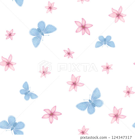 Blue butterflies and tiny pink flowers seamless pattern. Delicate hand-drawn illustration in watercolor style. Cute background for printing and textile design. 124347317