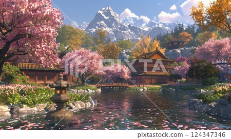 Tranquil Japanese Garden with Traditional Houses, Bridge, and Stunning Mountain View in Spring 124347346