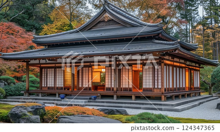 Elegant japanese gazebo surrounded by lush garden, showcasing architectural beauty in soft light 124347365