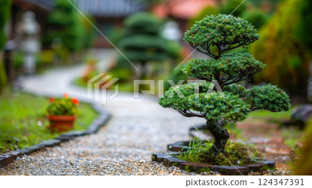 Serene Japanese Garden Path with a Beautifully Shaped Bonsai Tree as a Centerpiece after Rain Serene Japanese Garden Path with a Beautifully Shaped Bonsai Tree as a Centerpiece after Rain 124347391