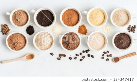 Assortment of herbal coffee blends arranged for a wellness-inspired beverage display 124347417