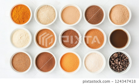 Assortment of herbal coffee blends arranged in bowls showcasing healthy, flavored ingredients Assortment of herbal coffee blends arranged in bowls showcasing healthy, flavored ingredients 124347418