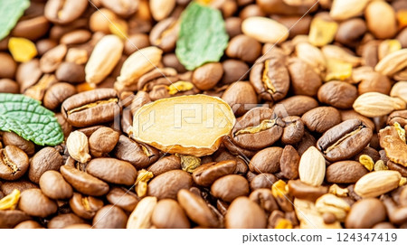 Detailed view of mixed coffee beans and herbs showcasing natural textures and inviting flavors Detailed view of mixed coffee beans and herbs showcasing natural textures and inviting flavors 124347419