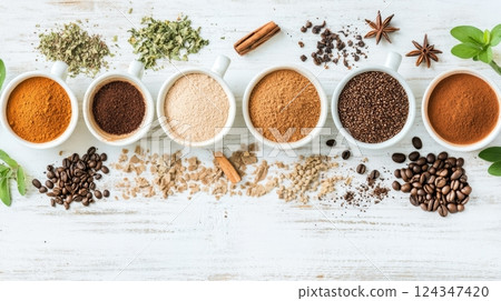 A flat lay of herbal coffee ingredients in earthy tones for a health blog A flat lay of herbal coffee ingredients in earthy tones for a health blog 124347420