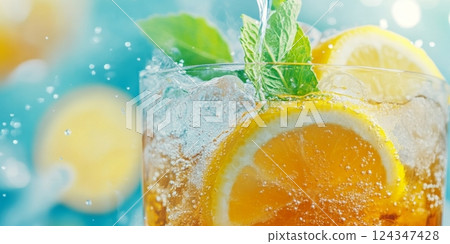 Herbal coffee is poured over ice, enhanced with lemon and mint for a refreshing summer experience 124347428