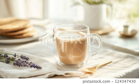 Herbal coffee with lavender syrup and oat milk served in a transparent mug on a beautifully arranged table 124347430