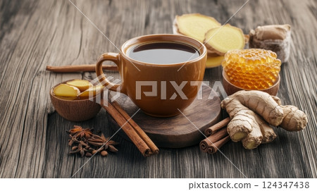 Herbal coffee with honey, ginger, and cinnamon arranged elegantly on dark wood in dramatic light 124347438