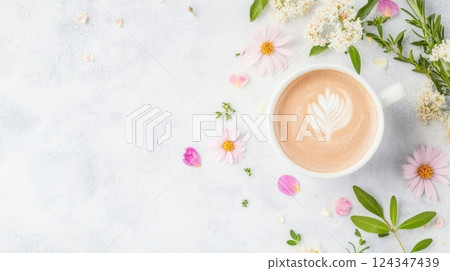 Herbal coffee topped with flower petals and herbs showcases a calming spa-inspired atmosphere 124347439