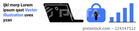 Black laptop, blue lock, and blue bar graph are visible. Ideal for technology, security, data analysis, online protection, and business growth concepts. Banner for landing page 124347512