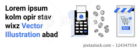 Mobile shopping app with digital transactions thematic focus in blue and black hues. Receipt machine and coins suggest convenience and efficiency. Ideal for e-commerce, fintech, digital payments Mobile shopping app with digital transactions thematic focus in blue and black hues. Receipt machine and coins suggest convenience and efficiency. Ideal for e-commerce, fintech, digital payments 124347554