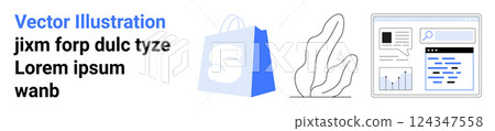 Shopping bag with an S, plant outline, and web page layout with charts and graphs. Ideal for e-commerce, online shopping, web design, business analytics, and digital marketing. Landing page Shopping bag with an S, plant outline, and web page layout with charts and graphs. Ideal for e-commerce, online shopping, web design, business analytics, and digital marketing. Landing page 124347558